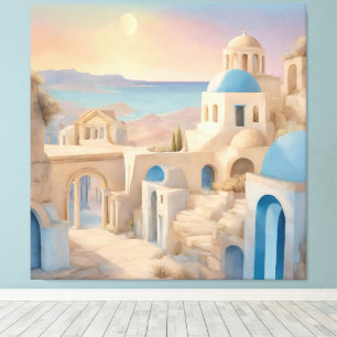Dreamy Santorini Greece Watercolor - Blue Dome Canvas Print
