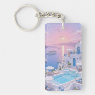 Dreamy Santorini Sunset Blue White Village Acrylic Keychain