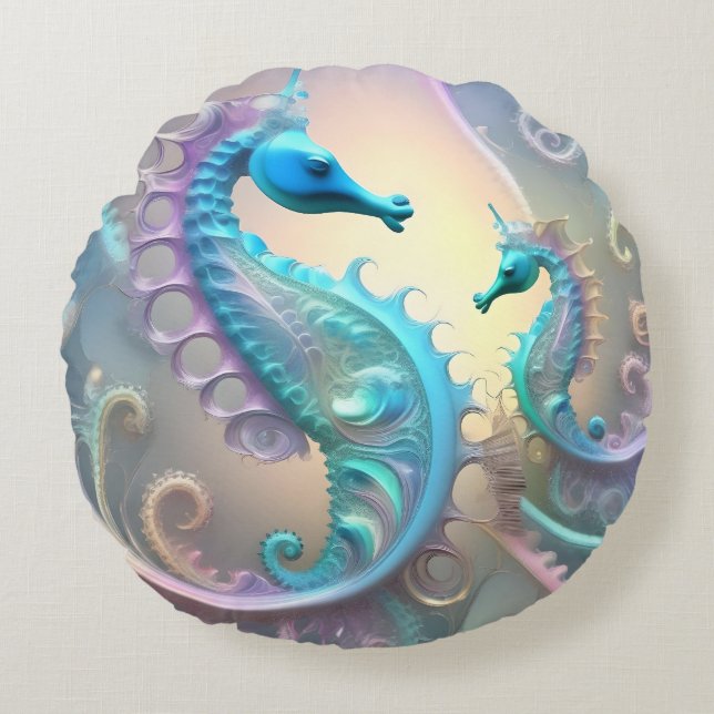 Dreamy Seahorses Pastel Fractal Art, Round Pillow (Front)