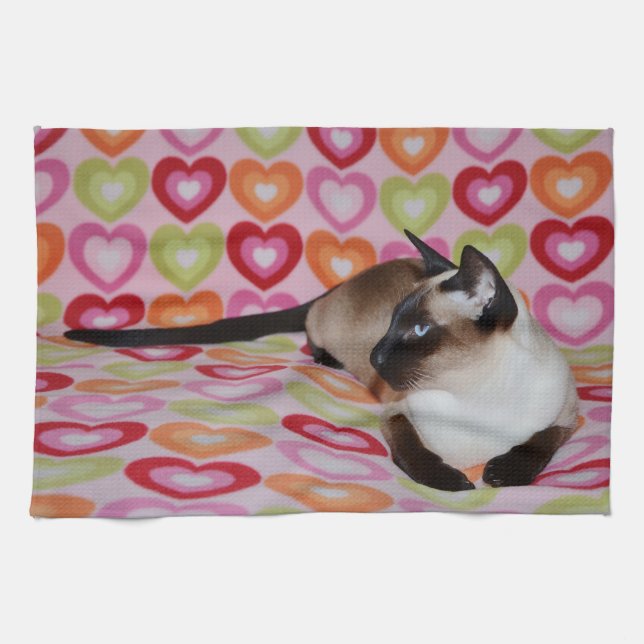 Dreamy Siamese Cat Hearts Kitchen Towel (Horizontal)