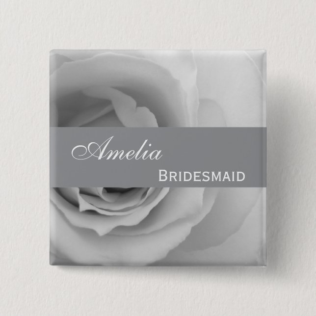 Dreamy Silver White Rose Custom Name Bridesmaid V0 2 Inch Square Button (Front)