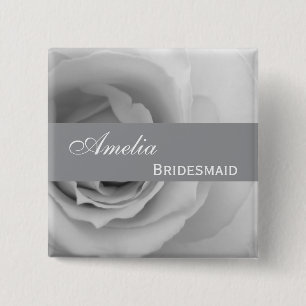 Dreamy Silver White Rose Custom Name Bridesmaid V0 2 Inch Square Button
