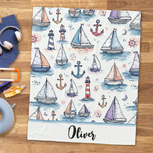 Dreamy Sketches of Sailboats Anchors & Lighthouses Fleece Blanket