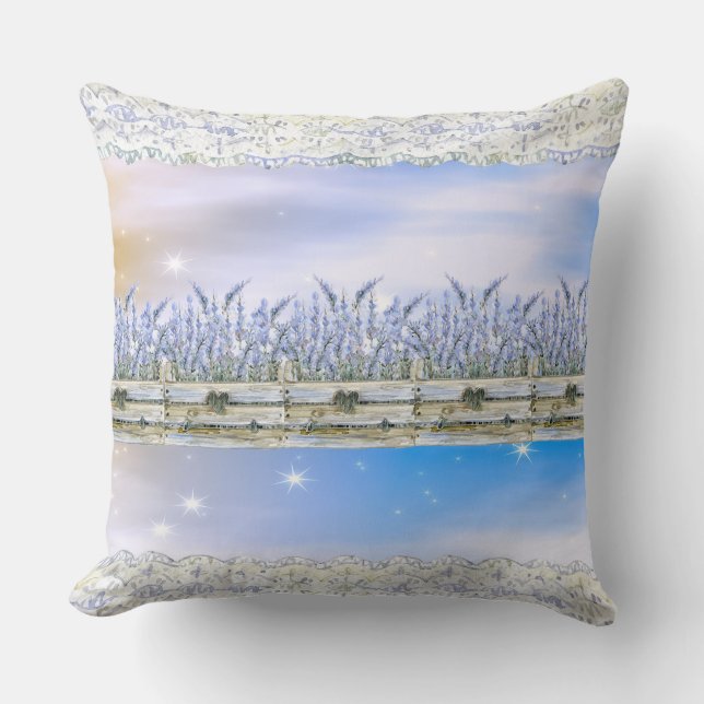 Dreamy Sky, Faux Lace, and Flowers Throw Pillow (Front)