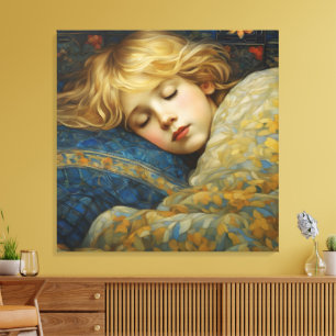 Dreamy Sleeping Child in Floral Quilt Canvas Print