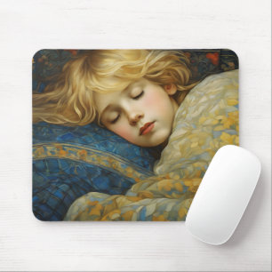 Dreamy Sleeping Child in Floral Quilt Mouse Pad