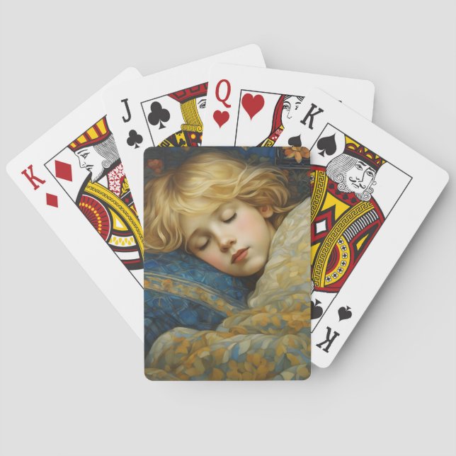 Dreamy Sleeping Child in Floral Quilt Playing Cards (Back)