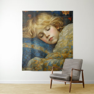 Dreamy Sleeping Child in Floral Quilt Tapestry