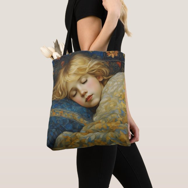 Dreamy Sleeping Child in Floral Quilt Tote Bag (Close Up)