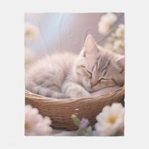 Dreamy Sleeping Kitten Floral Basket Fleece Blanket