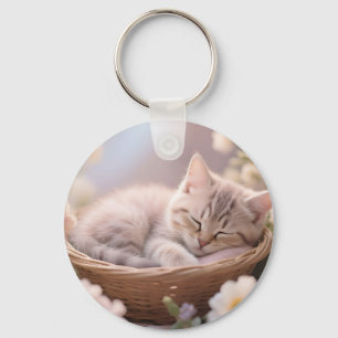 Dreamy Sleeping Kitten Floral Basket Keychain