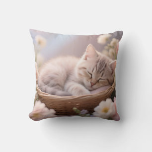 Dreamy Sleeping Kitten Floral Basket Throw Pillow