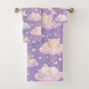 Dreamy Sleeping Kittens on Stars and Clouds Bath Towel Set