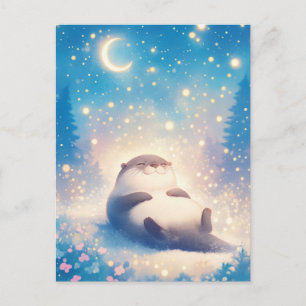 Dreamy Sleeping Otter Moonlit Night Sky Postcard