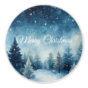 Dreamy snowy watercolor winter landscape ceramic knob