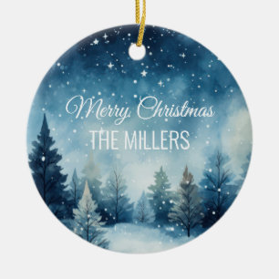 Dreamy snowy watercolor winter landscape ceramic ornament