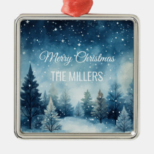 Dreamy snowy watercolor winter landscape metal ornament