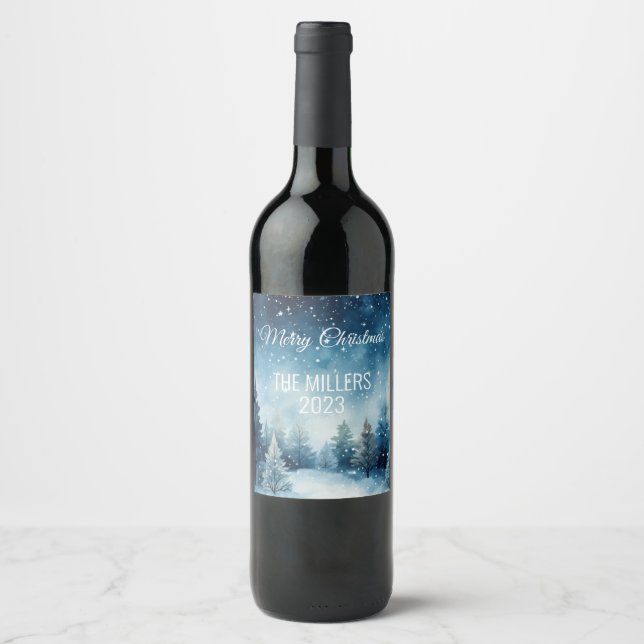 Dreamy snowy watercolor winter landscape wine label (Front)