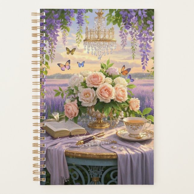 Dreamy, soft-focus scene of a lavish, Floral  Planner (Front)