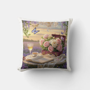 Dreamy, soft-focus scene of a lavish, Floral Throw Pillow