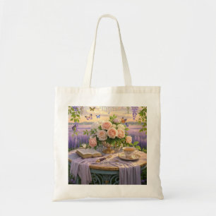 Dreamy, soft-focus scene of a lavish, Floral Tote Bag