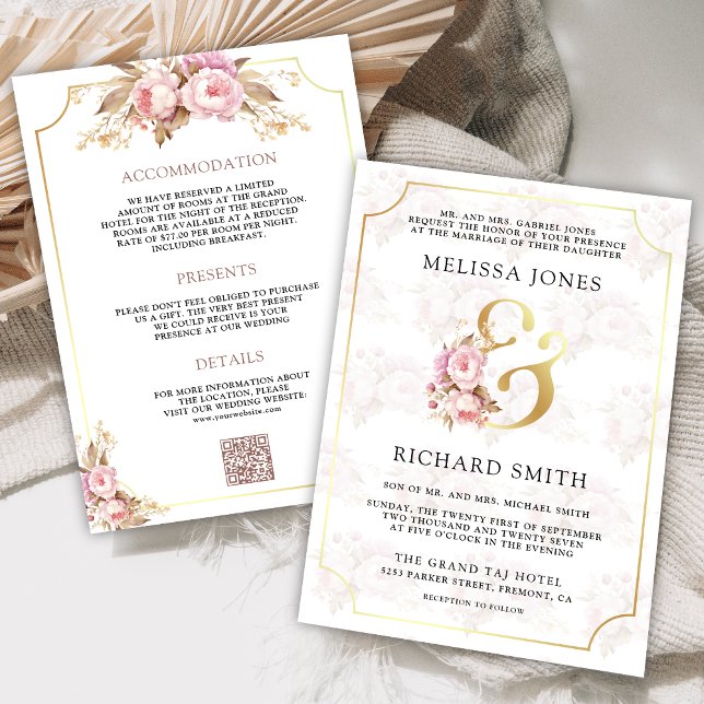 Dreamy Soft Pink Floral Gold All in One Wedding Invitation (Creator Uploaded)