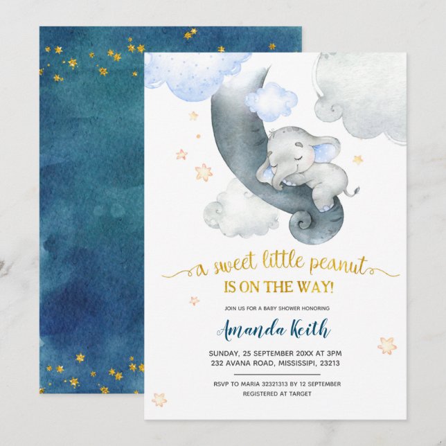 Dreamy Stars Blue Elephant Baby shower Invitation (Devant / Derrière)