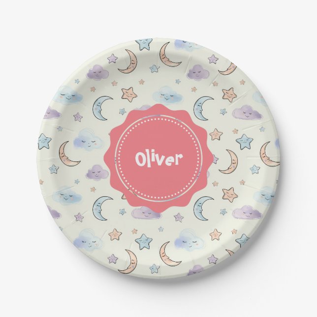 Dreamy Stars, Moons, and Fluffy Clouds  Paper Plate (Front)