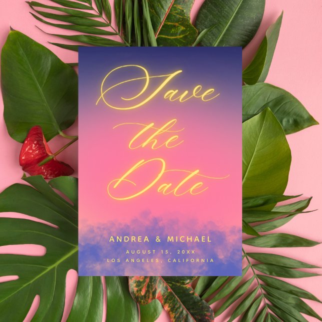 Dreamy Sunset Sky & Neon Photo QR Code Wedding Save The Date (Creator Uploaded)