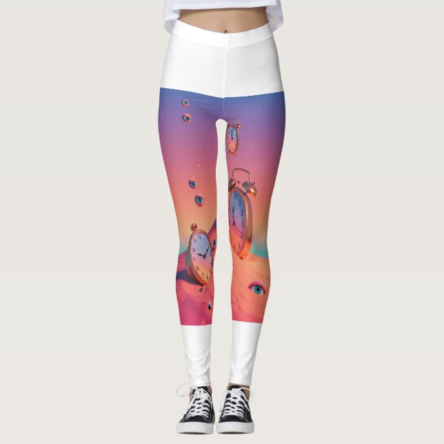 Dreamy Surreal Desert Clocks Leggings ⏰👁️ (Front)