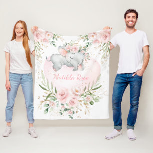 Dreamy Sweet Baby Elephant Girl Blush Pink Floral Fleece Blanket