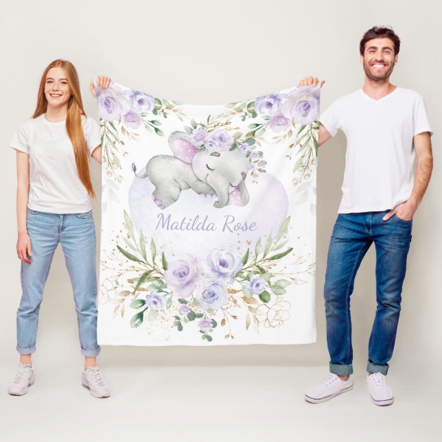 Dreamy Sweet Baby Elephant Girl Lavender Floral Fleece Blanket (In Situ)