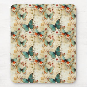 Dreamy Teal Butterfly Cottage Garden Floral Mouse Pad