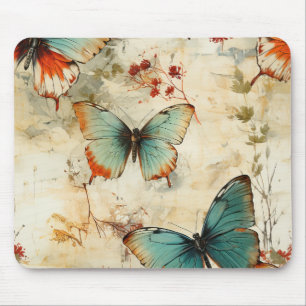 Dreamy Teal Butterfly Cottage Garden Floral Mouse Pad