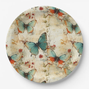 Dreamy Teal Butterfly Cottage Garden Floral Paper Plate