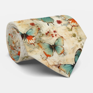 Dreamy Teal Butterfly Cottage Garden Floral Tie