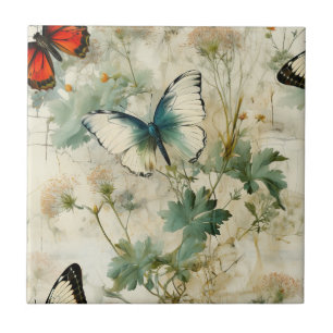 Dreamy Teal Butterfly Cottage Garden Floral Tile