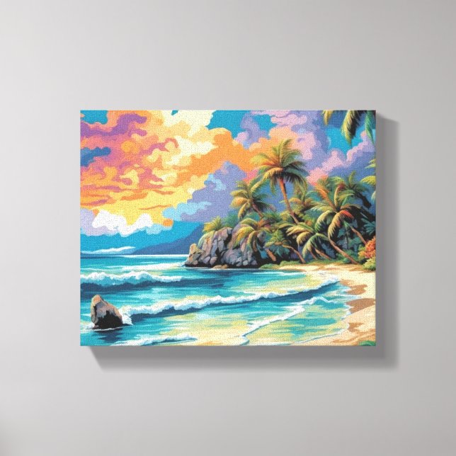Dreamy Tropical Beach Sunset Painting Canvas Print (Front)