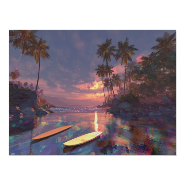  Dreamy Tropical Sunset with Glitch Reflections Poster (Front)