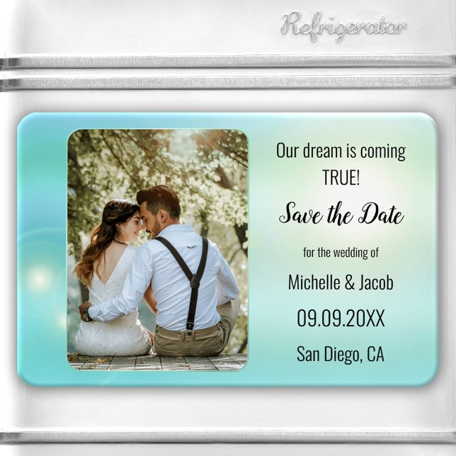 Dreamy Turquoise Teal Lights Photo Save the Date Magnet (Save the Date magnet featuring your own photo framed by a romantic turquoise teal lights design.)