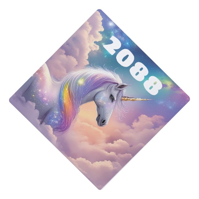 Dreamy Unicorn Glitter Pastel Galaxy Cosmic Clouds Graduation Cap Topper (Front)