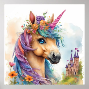 Dreamy Unicorn Watercolor with Castle and Flowers Poster