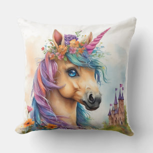 Dreamy Unicorn Watercolor with Castle and Flowers Throw Pillow