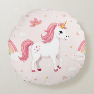 Dreamy Unicorns, Rainbows, Flowers, Cute Round Pillow