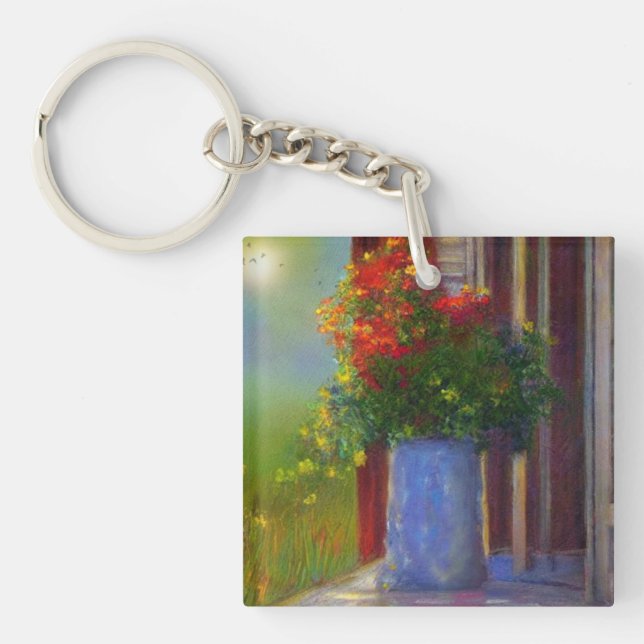 Dreamy Vase of Flowers Plastic Acrylic Keychain (Front)