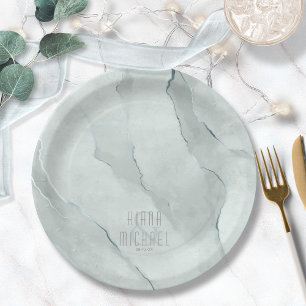 Dreamy Watercolor Abstract Wedding Green/Bl ID817 Paper Plate