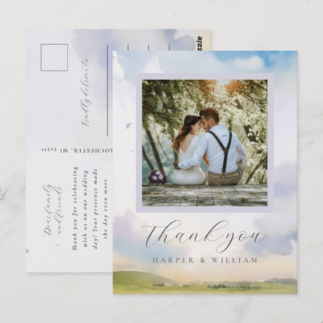 dreamy watercolor clouds wedding photo thank you postcard (Front/Back)