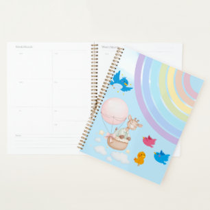 Dreamy Watercolor Giraffe in Hot Air Balloon with Planner
