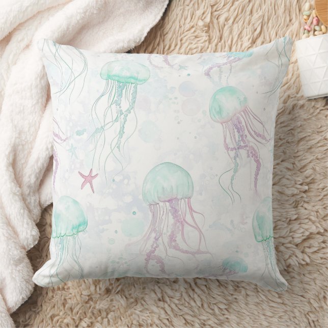 Dreamy Watercolor Jellyfish Ocean Pattern (1) Throw Pillow (Blanket)