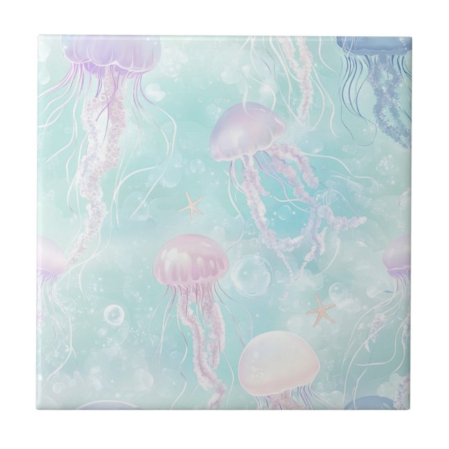 Dreamy Watercolor Jellyfish Ocean Pattern (2) Tile (Front)